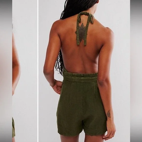 Free People City's Edge Romper in Dried Basil Linen Blend M - Picture 2 of 10